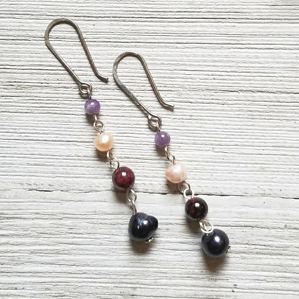 Handmade Beaded Dangle Earrings with Pearl and Gemstone Sterling Silver